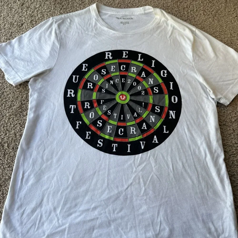 True Religion T-Shirt Dartboard Rosecrans Festival XS White Graphic Print